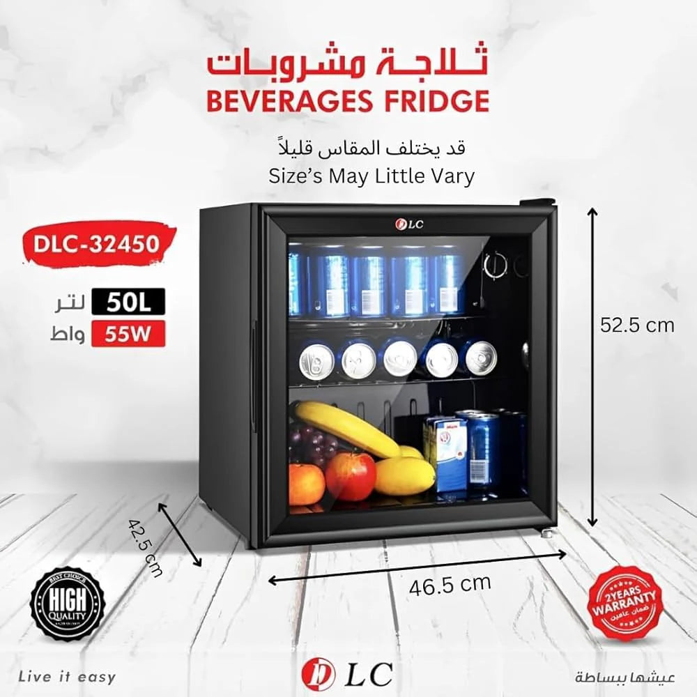 50L Glass Beverage Refrigerator | 55W Mini Drinks Fridge with Double Glass Door