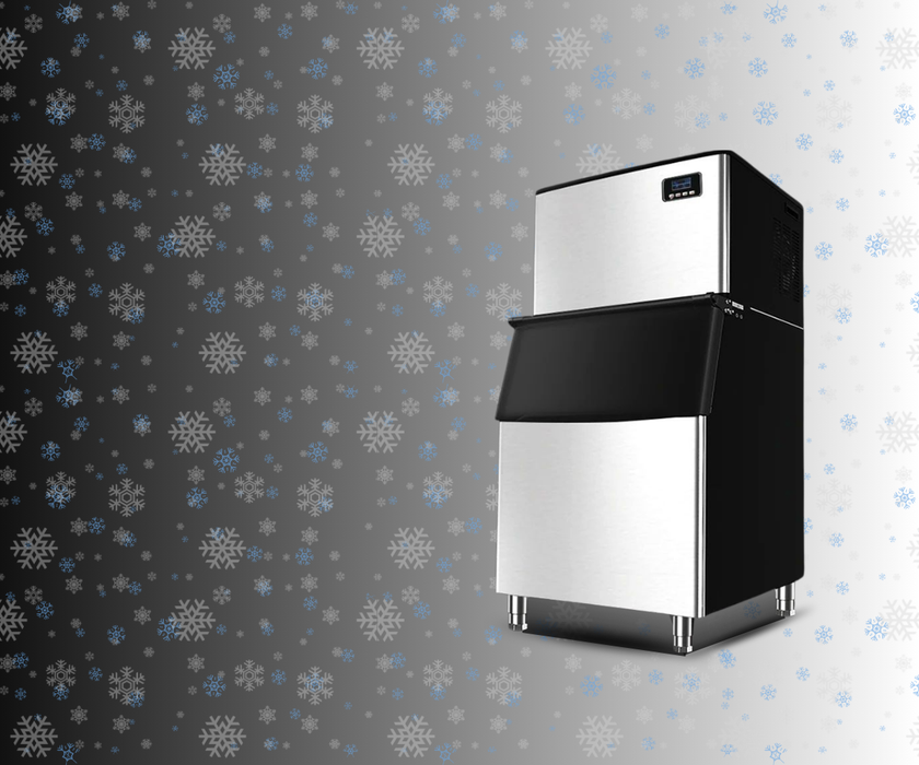 Ice machine against a gray wall with snowflake pattern