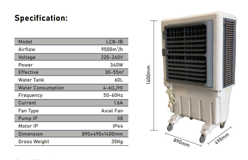 Portable Industrial Evaporative Air Cooler, indoor and outdoor areas, with strong wheels & brakes - COOLBABY