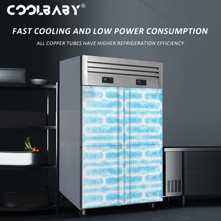 COOLBABY Upright Freezer, 1000L Total Capacity, 4-Door Double Temperature (Top Cooling and Bottom Freezer) Rectangular Deep Freezer, Wheels, 120 x 70 x 193cm Stainless Steel - COOLBABY