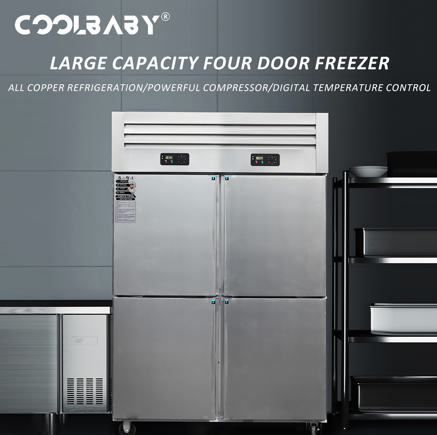 COOLBABY Upright Freezer, 1000L Total Capacity, 4-Door Double Temperature (Top Cooling and Bottom Freezer) Rectangular Deep Freezer, Wheels, 120 x 70 x 193cm Stainless Steel - COOLBABY