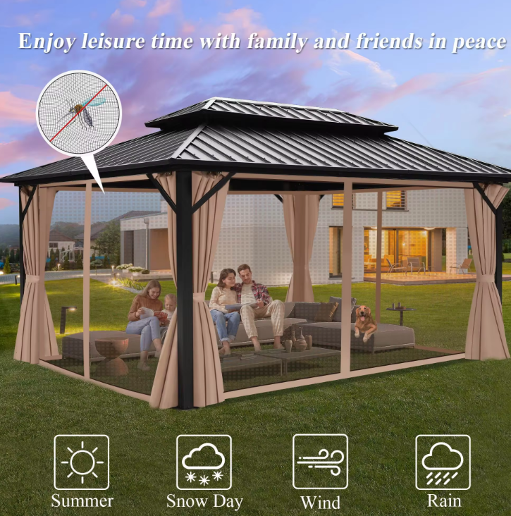 3.65x6m Double Roof Aluminum Gazebo Brown - COOLBABY