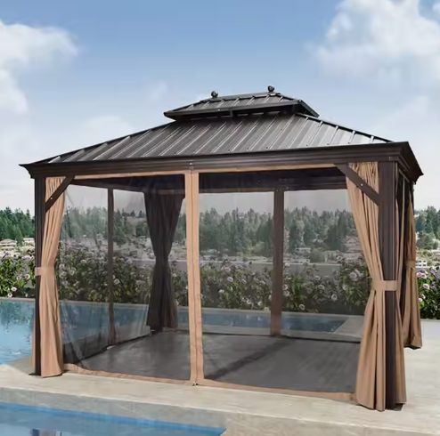 3.65x3m Double Roof Iron Gazebo - Black - COOLBABY