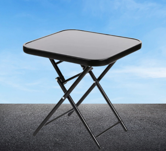 Folding Drinks Side Table, Outdoor Garden Table, Small Square Patio Table - Black with Tempered Glass Top - COOLBABY