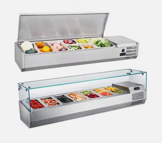 Salad Bar Display, fruit stainless steel freezer bar with container showcase glass - COOLBABY