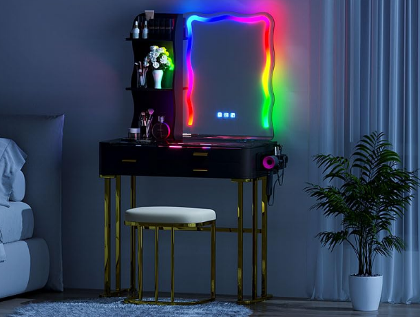 Makeup Vanity Table with Mirror and Lights- Vanity Desk with Glass Top Design & Charging Station - COOLBABY