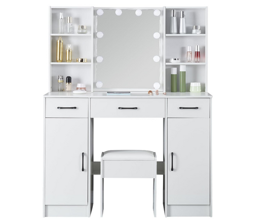 Large Vanity Desk with Lighted Mirror, Modern Vanity Set with 3 Drawers and 2 Storage Shelves