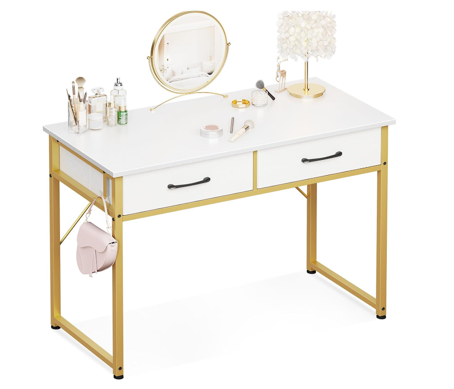 Vanity Desk Without Mirror, Makeup Vanity with 2 Fabric Drawers, White With Gold Legs - COOLBABY