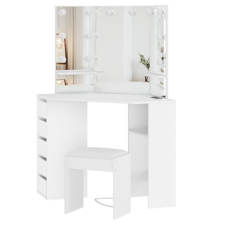 Vanity Desk with Mirror and Lights, Large Dressing Tables with Charging, 5 Drawers, Shelves and Vanity Stool - COOLBABY