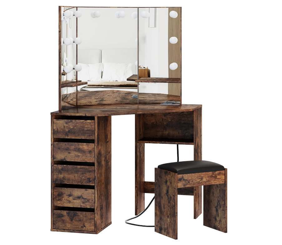 Vanity Desk with Mirror and Lights, Large Dressing Tables with Charging, 5 Drawers, Shelves and Vanity Stool - COOLBABY