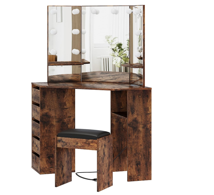 Vanity Desk with Mirror and Lights, Large Dressing Tables with Charging, 5 Drawers, Shelves and Vanity Stool - COOLBABY