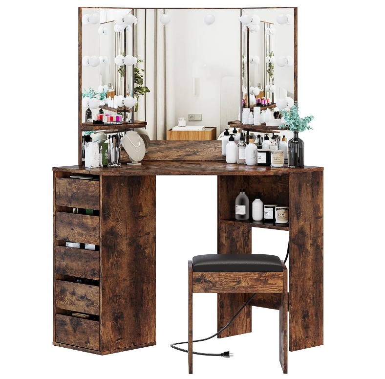 Vanity Desk with Mirror and Lights, Large Dressing Tables with Charging, 5 Drawers, Shelves and Vanity Stool - COOLBABY