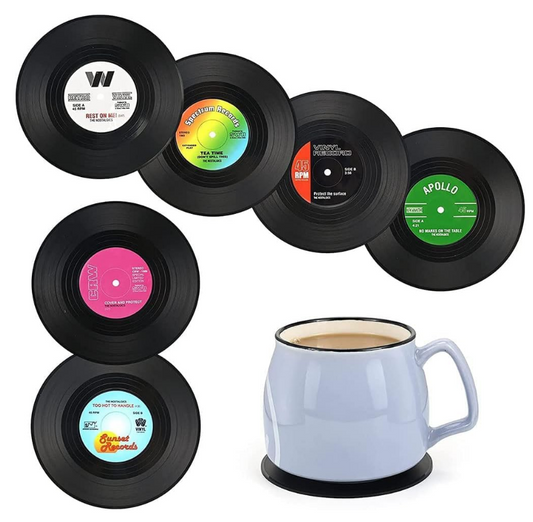 COOLBABY Pack of 6 Black CD Coasters, Retro Vinyl Coasters, Vintage Coasters for Coffee - COOLBABY