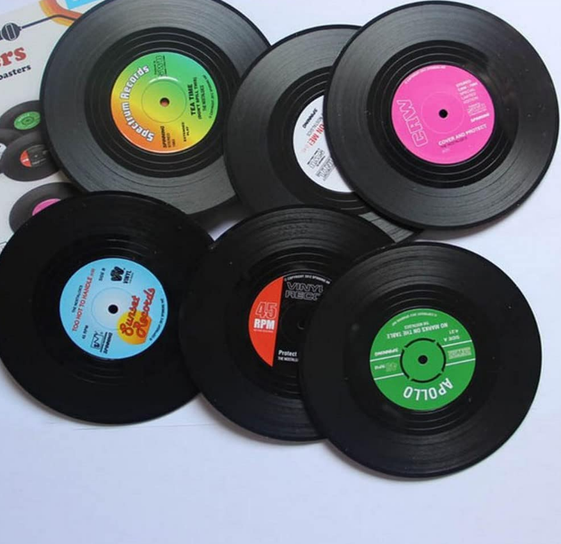 COOLBABY Pack of 6 Black CD Coasters, Retro Vinyl Coasters, Vintage Coasters for Coffee - COOLBABY