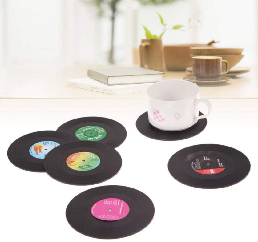 COOLBABY Pack of 6 Black CD Coasters, Retro Vinyl Coasters, Vintage Coasters for Coffee - COOLBABY