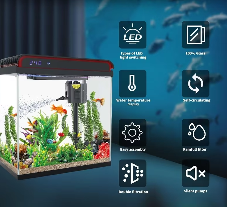 Fish Tank, 5 Gallon Glass Aquarium, With Filter And 3 LED Plant Lights And Water Temperature Detection System