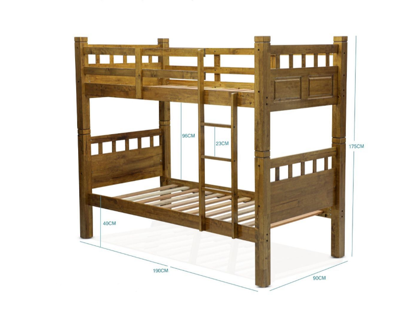 Wooden Bunk Bed, Double Decker Bunker Bed, Solid Wood Heavy Duty Bed - Walnut Color