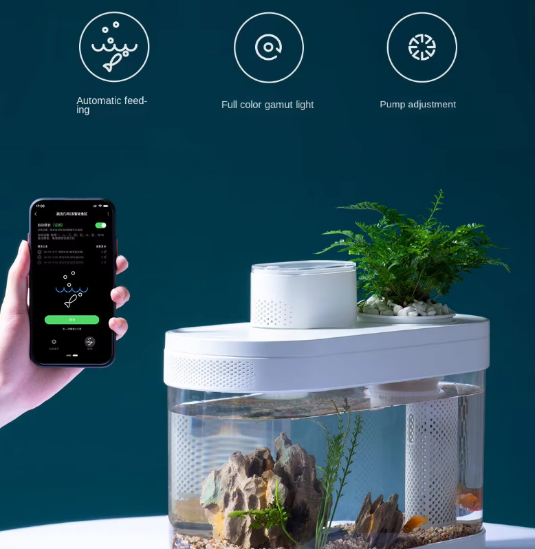 Smart Fish Tank, Ecological Advanced Aquarium Pro Wi-Fi Box Automatic Feeder, RGB Light for Home App