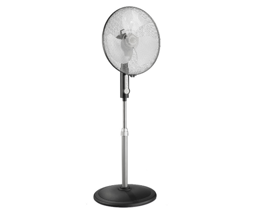 black anthracite stand fan with remote control, height adjustable up to 1.335 mm, 3 speeds and LEDs showing