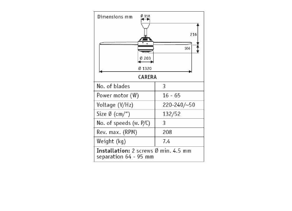 3 Blades Ceiling Fan ø132 With Pull Chain With 3 Speed