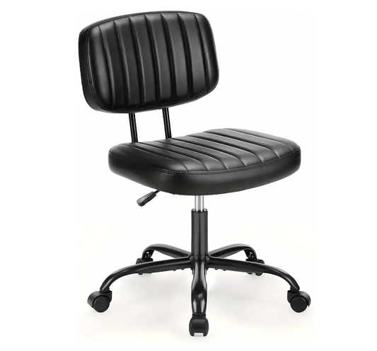 Armless Home Office Desk Chair with Wheels, Ergonomic PU Leather Task Chair, Height Adjustable, 360° Swivel, Lumbar Support - Black