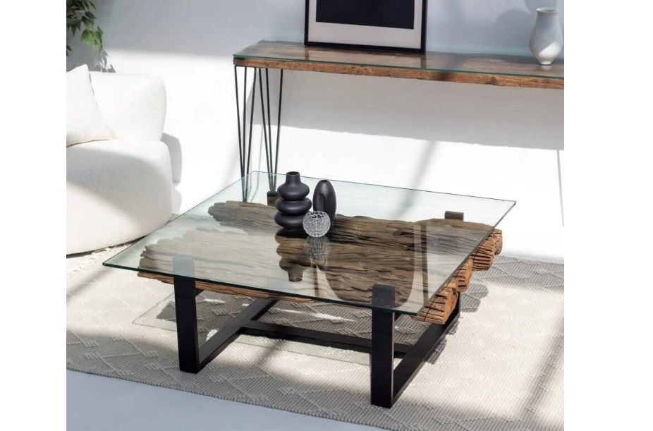 Railway Wood Coffee Table With Glass Top 120 x 120 x 45 CM