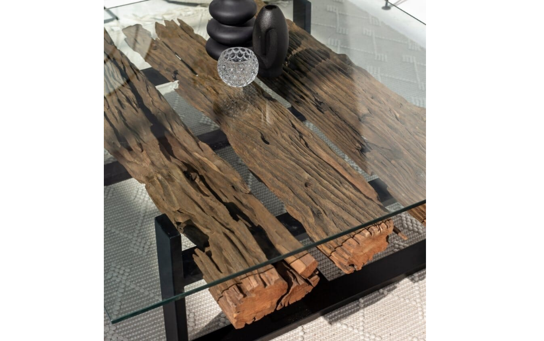 Railway Wood Coffee Table With Glass Top 120 x 120 x 45 CM