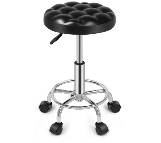 Round Rolling Stool: Vanity Chair with PU Leather, Height Adjustable, 360° Swivel Stool with Wheels