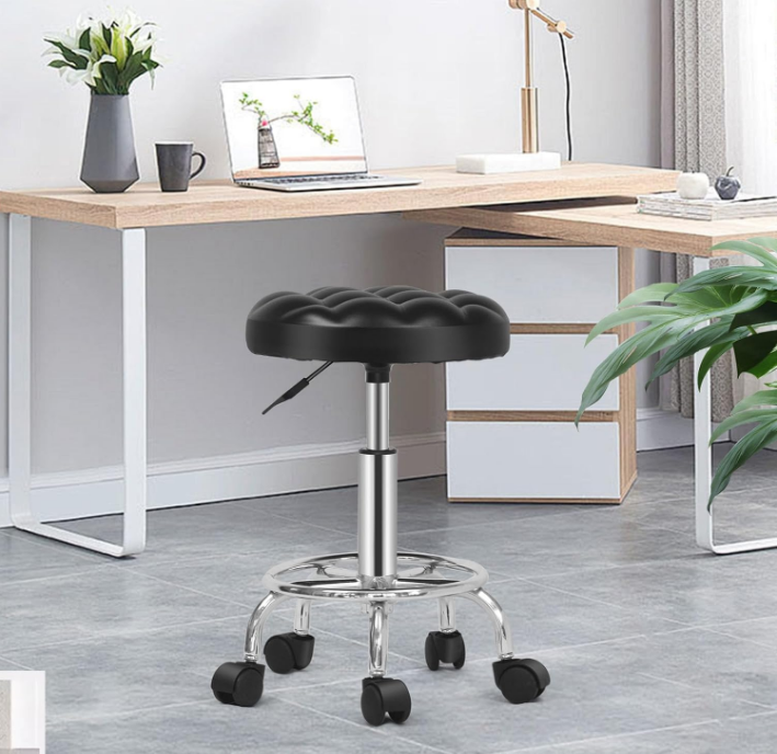 Round Rolling Stool: Vanity Chair with PU Leather, Height Adjustable, 360° Swivel Stool with Wheels