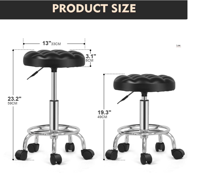 Round Rolling Stool: Vanity Chair with PU Leather, Height Adjustable, 360° Swivel Stool with Wheels