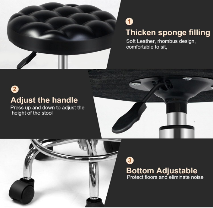 Round Rolling Stool: Vanity Chair with PU Leather, Height Adjustable, 360° Swivel Stool with Wheels