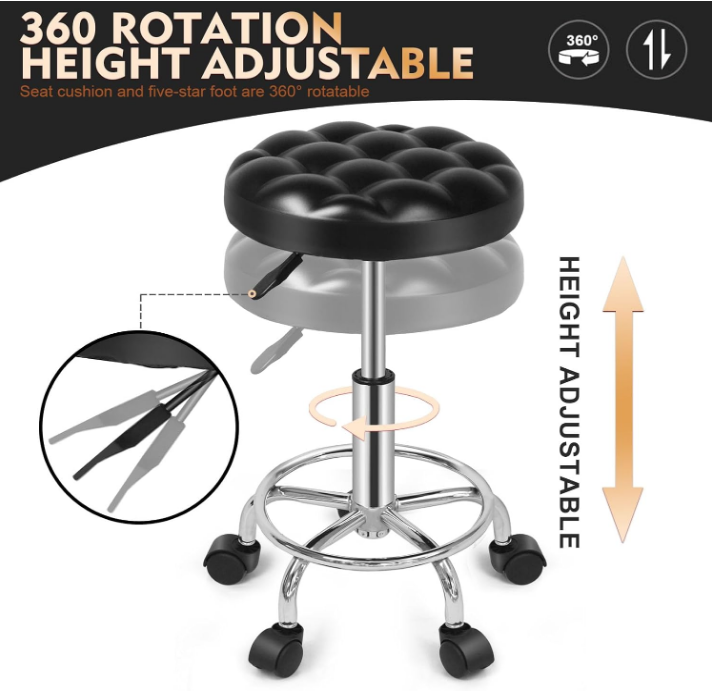 Round Rolling Stool: Vanity Chair with PU Leather, Height Adjustable, 360° Swivel Stool with Wheels