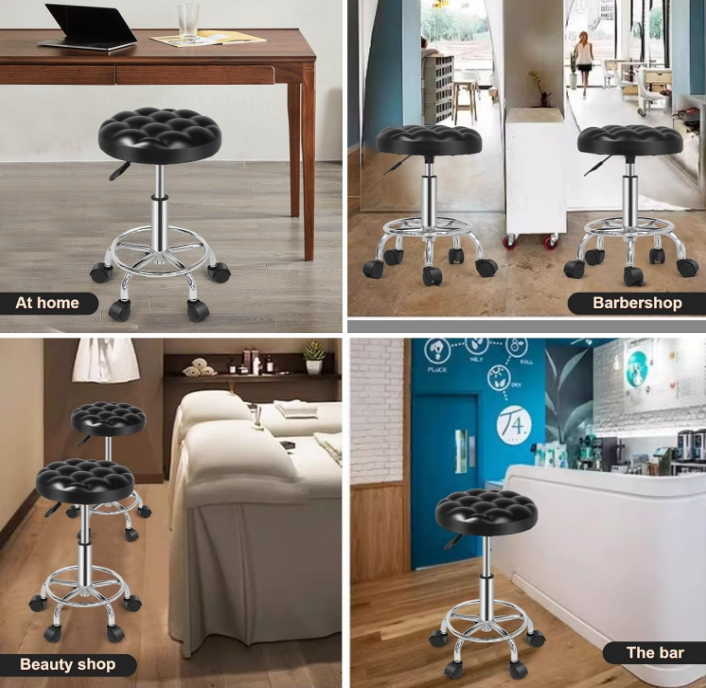 Round Rolling Stool: Vanity Chair with PU Leather, Height Adjustable, 360° Swivel Stool with Wheels