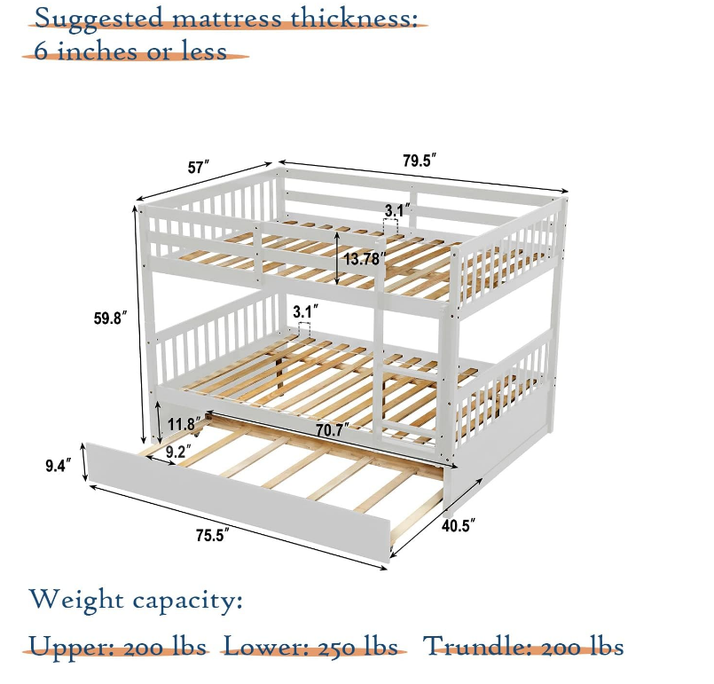 Full Bunk Bed with Trundle - Pine Wood Frame, Ladder, and Guard Rails, For Kids, Teens, Adults