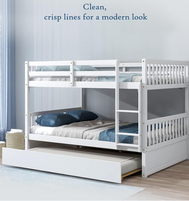 Full Bunk Bed with Trundle - Pine Wood Frame, Ladder, and Guard Rails, For Kids, Teens, Adults