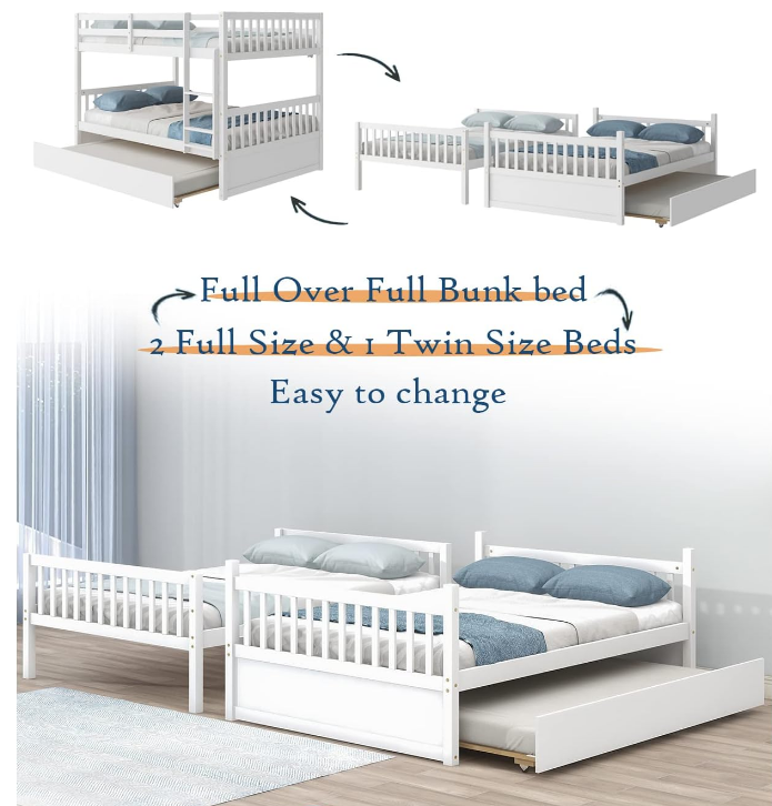 Full Bunk Bed with Trundle - Pine Wood Frame, Ladder, and Guard Rails, For Kids, Teens, Adults