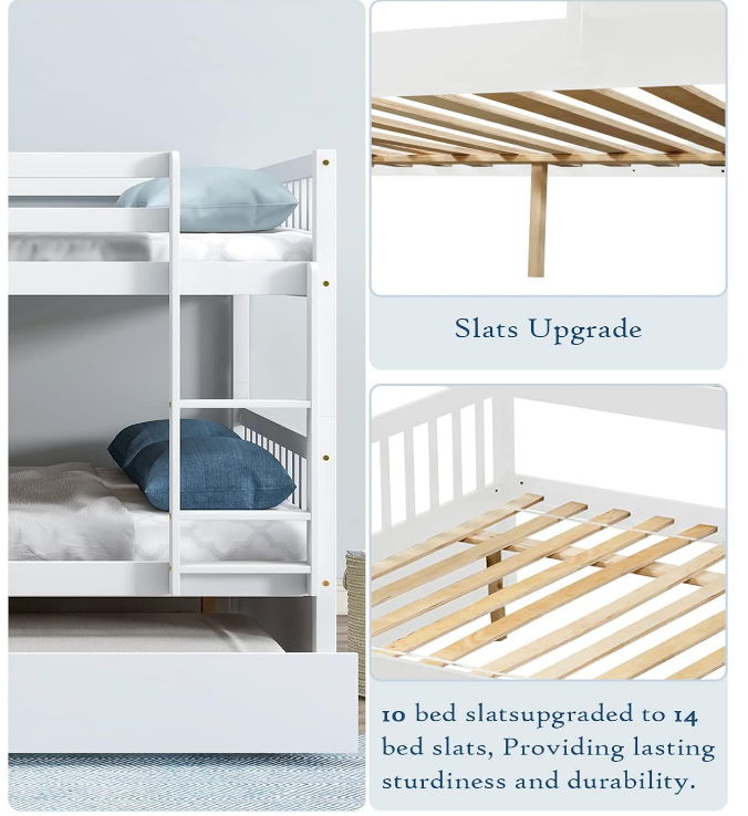 Full Bunk Bed with Trundle - Pine Wood Frame, Ladder, and Guard Rails, For Kids, Teens, Adults