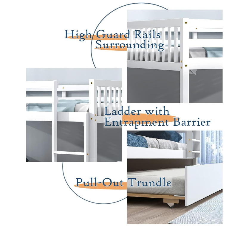 Full Bunk Bed with Trundle - Pine Wood Frame, Ladder, and Guard Rails, For Kids, Teens, Adults