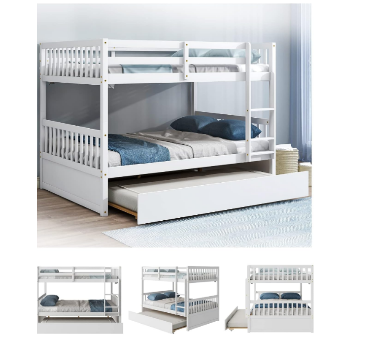 Full Bunk Bed with Trundle - Pine Wood Frame, Ladder, and Guard Rails, For Kids, Teens, Adults