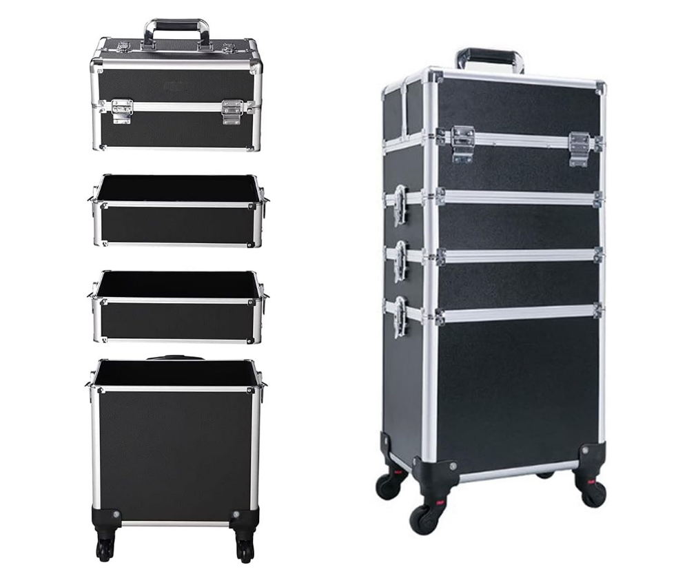 Make Up Trolley Bag, 4-1 Makeup Rolling Train Case, Professional Cosmetics Trolley Case Hard Travel Suitcase Cart with 4 Wheels, 4-Layer