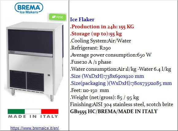 GBI1555 HC Commercial Ice Flaker 155KG/24H – Flake Ice Machine with 55KG Bin, R452A, Made in Italy