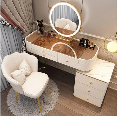 Elegant Solid Wood Vanity Makeup Table with 3-Tone LED Mirror and Chair - Perfect Gift for Women - COOLBABY