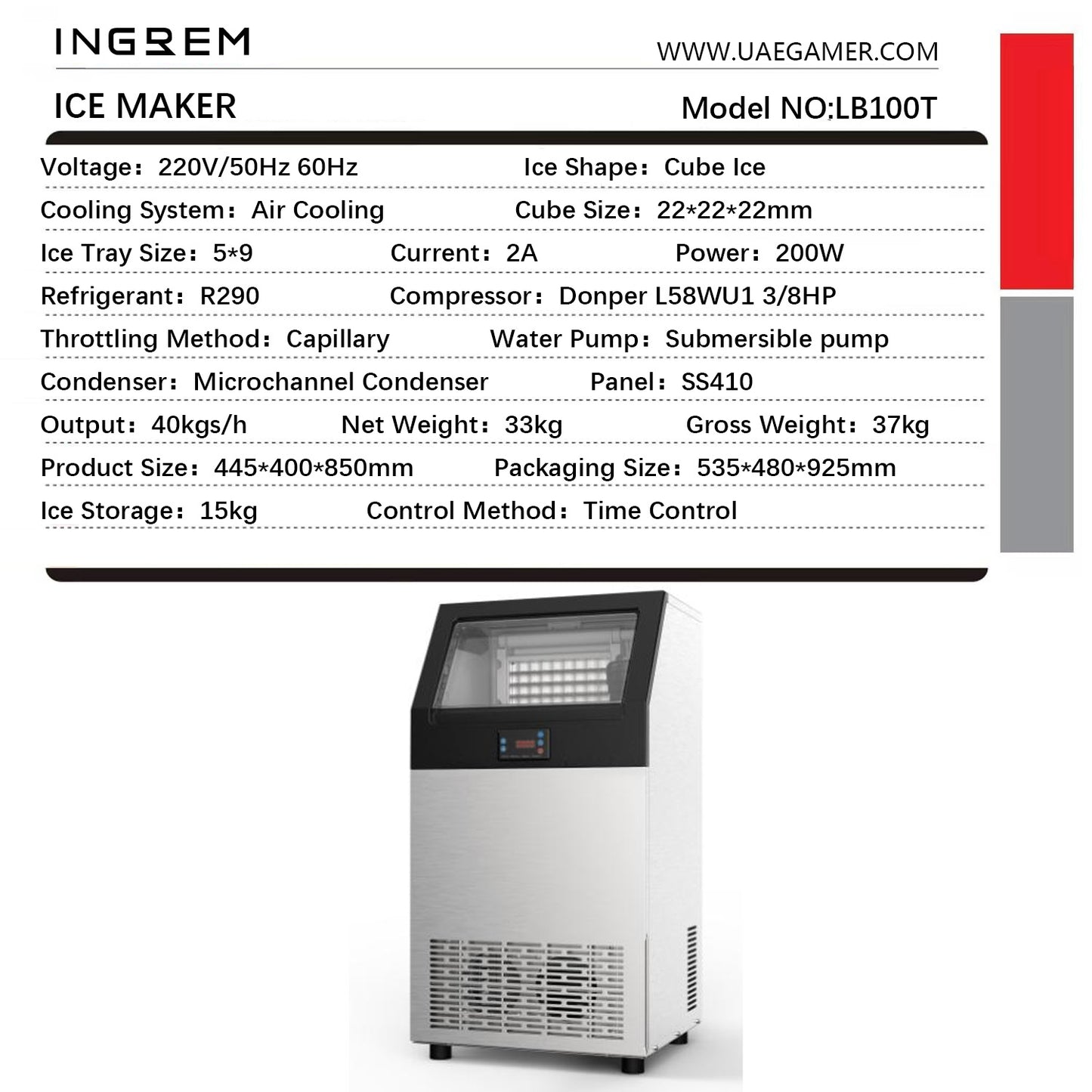 Commercial Ice Cube Maker – 40kg/h | 22mm Cube Size | Stainless Steel, Air-Cooled | 220V
