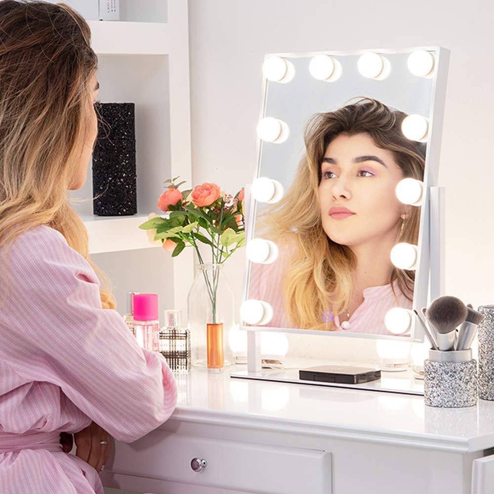 COOLBABY MIRR012 Large Makeup Mirror with Lighting, Illuminated Standing Mirror for Dressing Table with Dimmable Lamps, White Hollywood Mirror with Light - COOL BABY