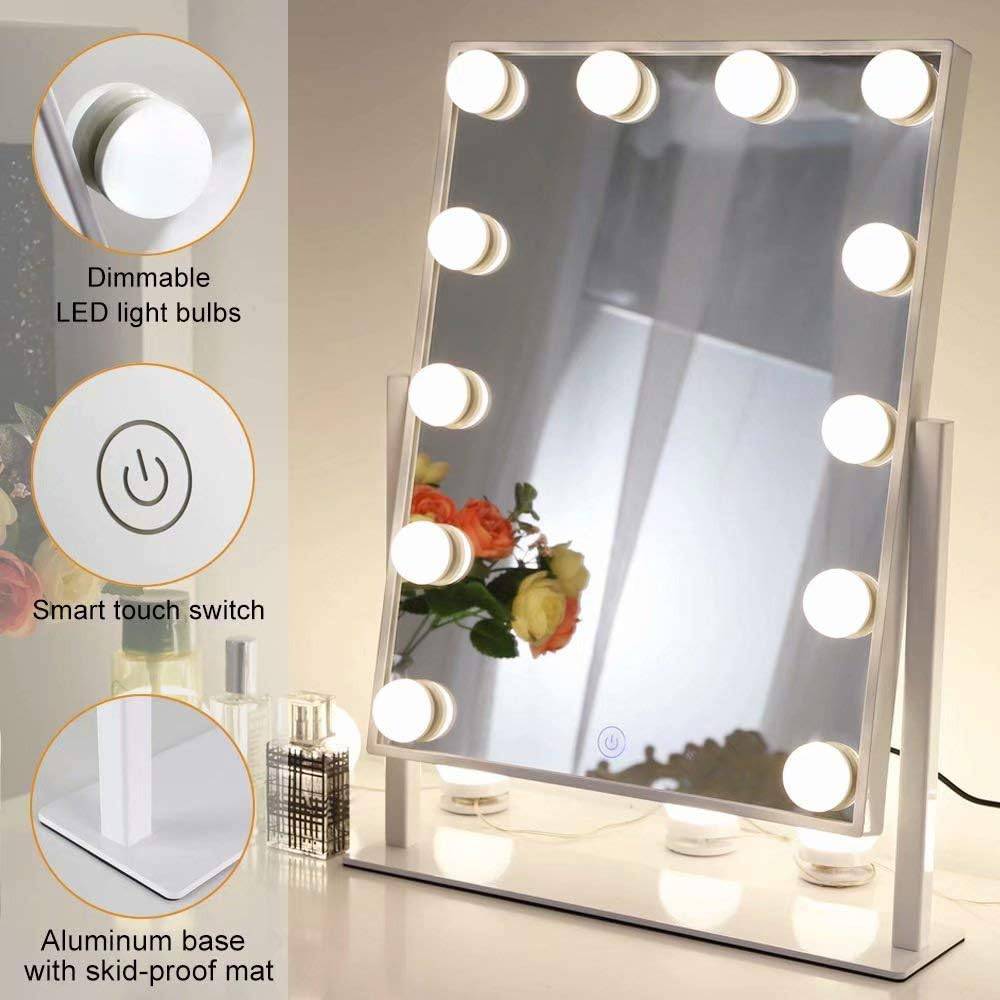 COOLBABY MIRR012 Large Makeup Mirror with Lighting, Illuminated Standing Mirror for Dressing Table with Dimmable Lamps, White Hollywood Mirror with Light - COOL BABY