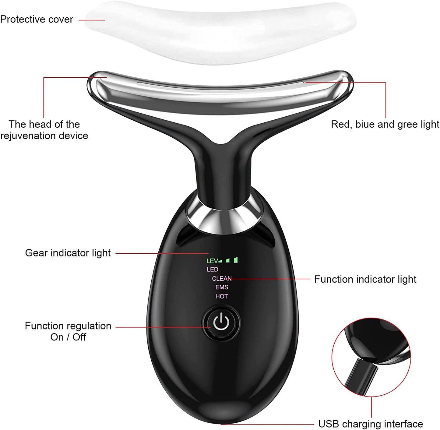 COOLBABY MLTI-MSGR Facial Neck Lifting Machine Sonic Face Massager Beauty Device Wrinkles Remover Skin Rejuvenation Anti-aging Rechargeable 3 Modes Black - COOLBABY