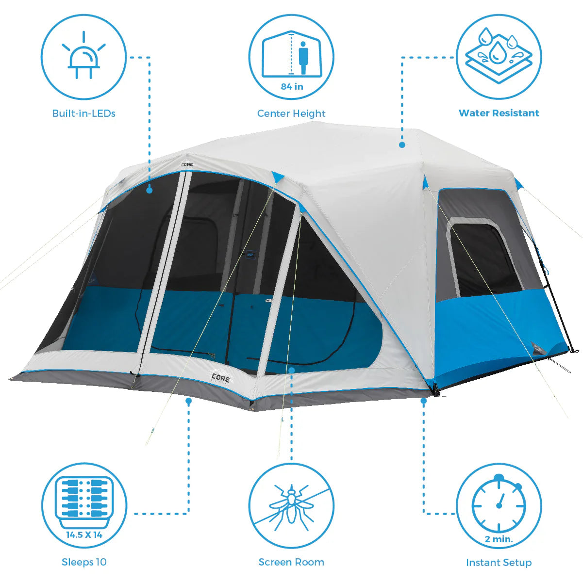 COOLBABY 10-Person Lighted Instant Tent with Screen Room – Quick Setup, Weather-Resistant, LED Lighting - COOLBABY