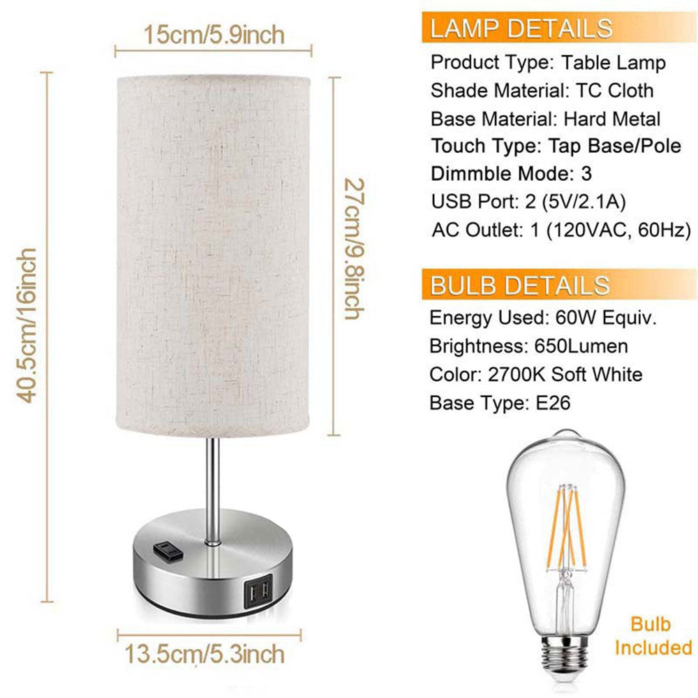 COOLBABY WQSJ011 2 Pack Desk Lamp,Three-Section Touch Table Lamp with Round Cloth Cover,USB Mobile Phone Charging,3 Way Dimmable Touch Lamps - COOLBABY