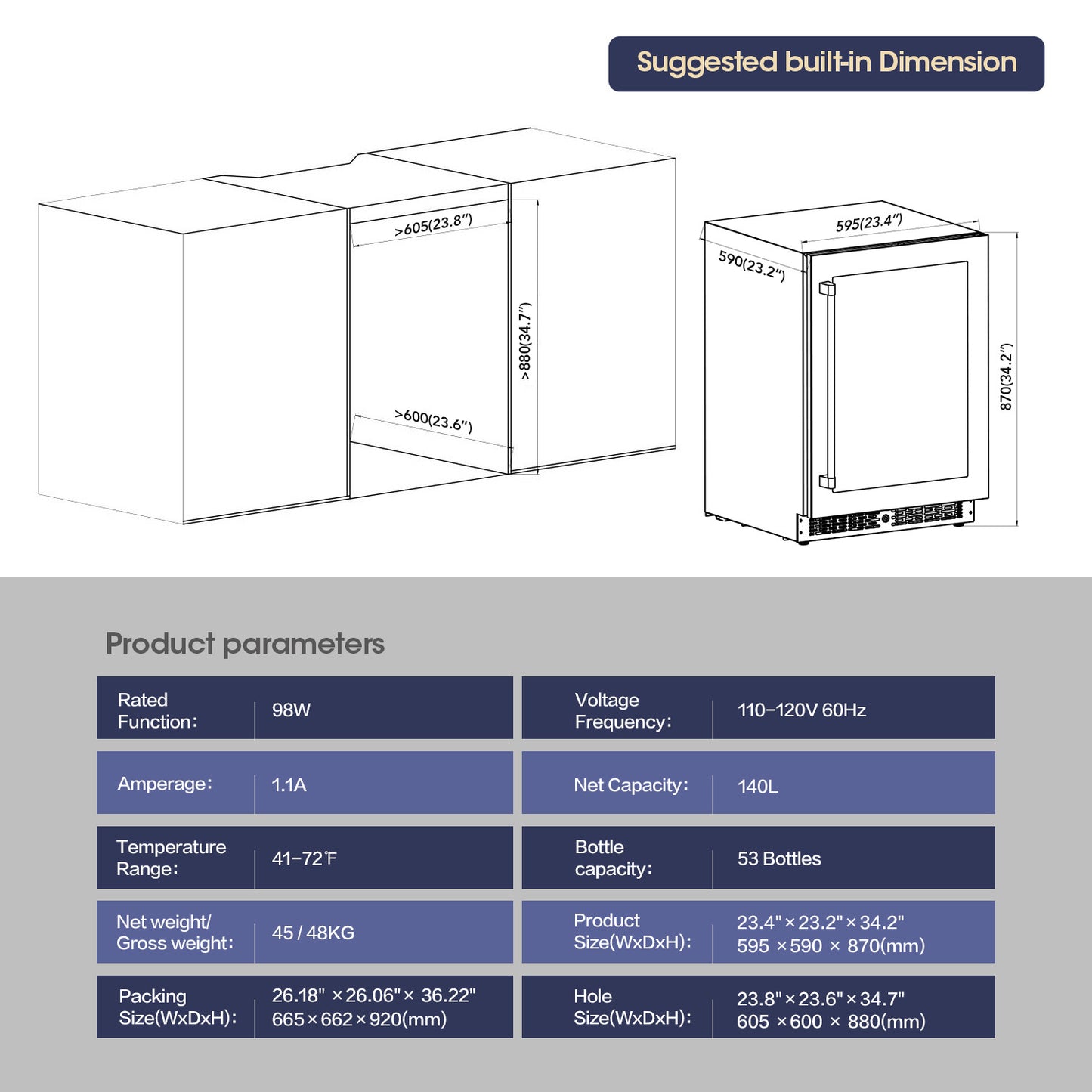 Wine Coolers, Wine Refrigerators, Under Counter Coolers, Built-in Refrigerated Cabinets,53 Bottles