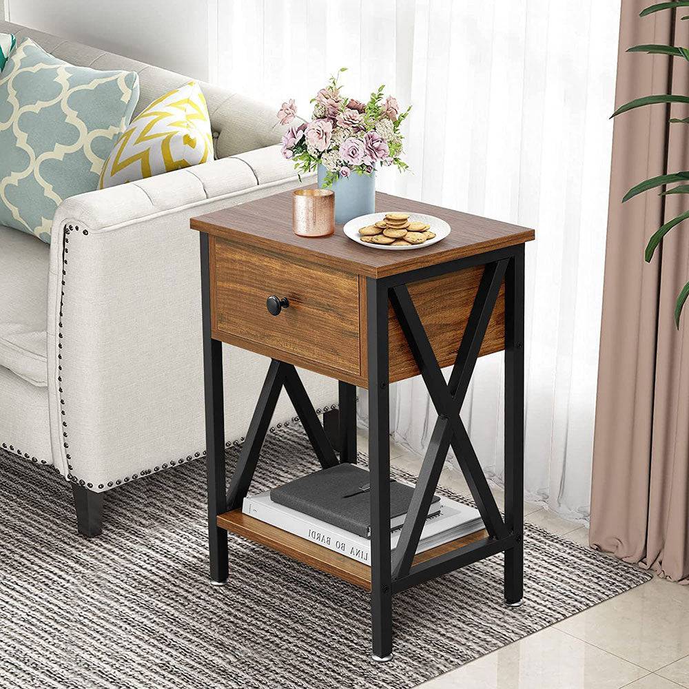 COOLBABY ZRW-CTG Modern Versatile Nightstands X-Design Side End Table Night Stand Storage Shelf with Bin Drawer for Living Room Bedroom,Brown - COOL BABY